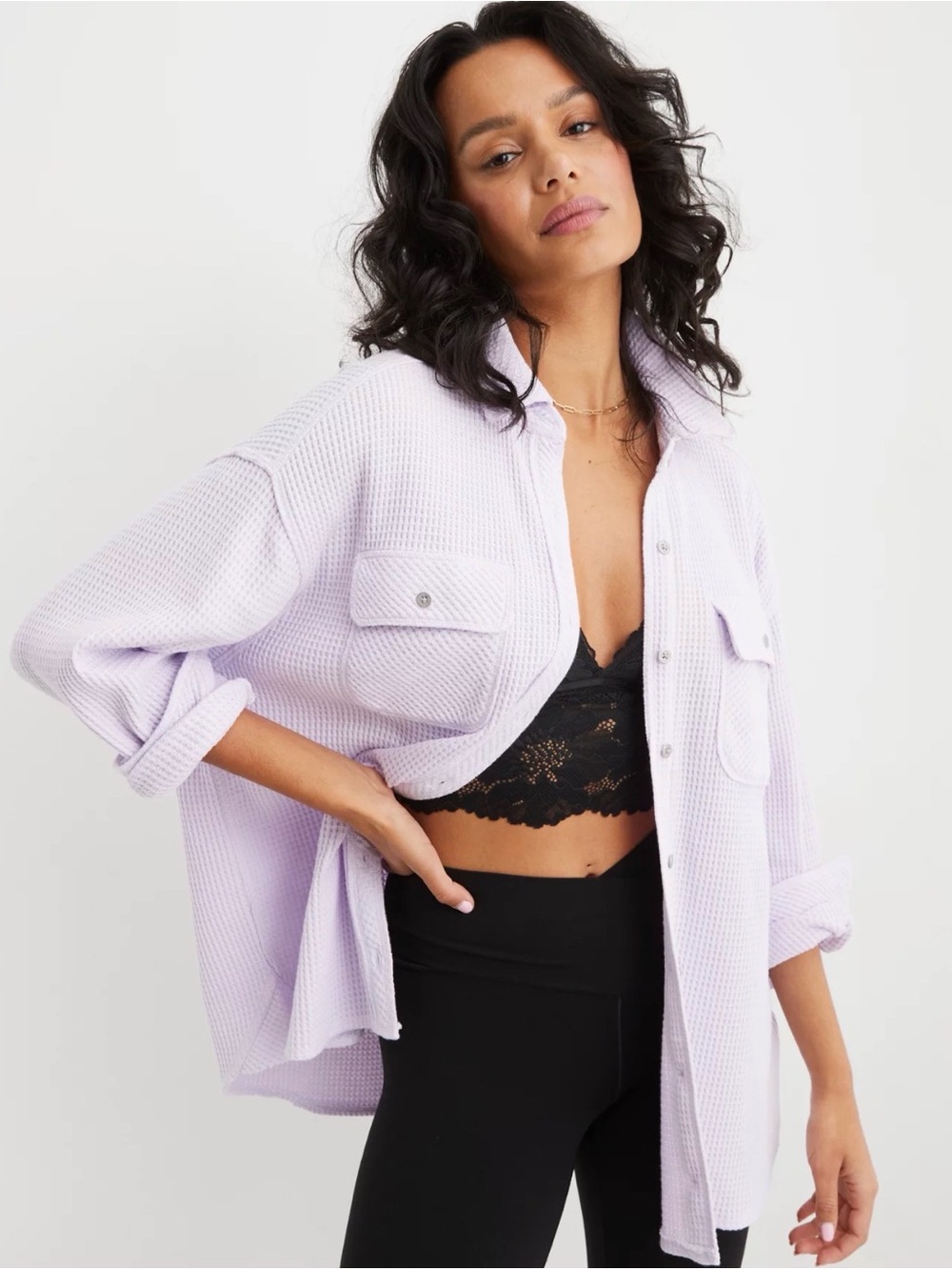 Aerie LumberJane Waffle Shirt Shacket XS Violet Flurry Oversized Button Down